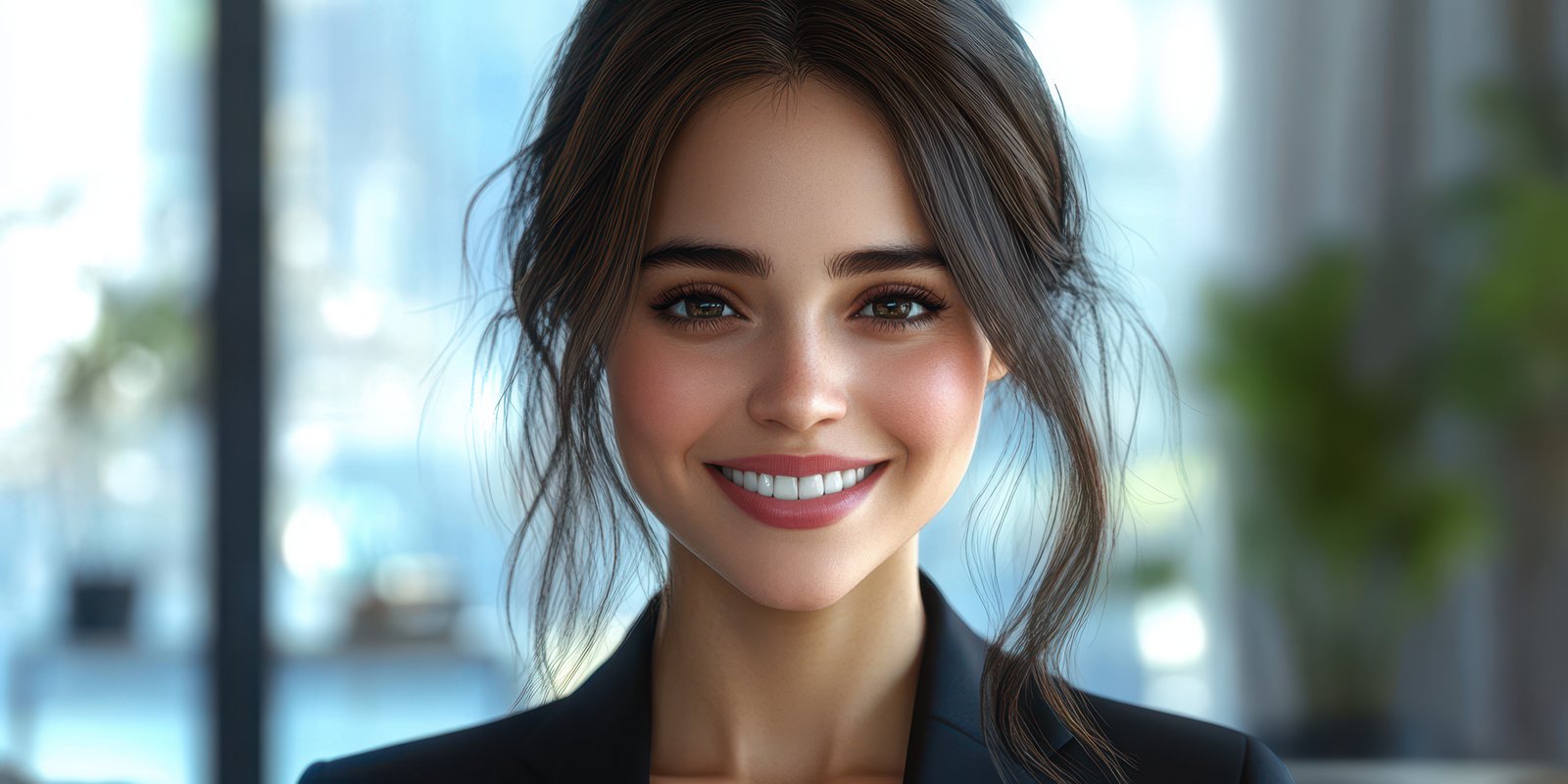 Portrait of a young woman smiling in a modern office setting with natural light and green plants in the background